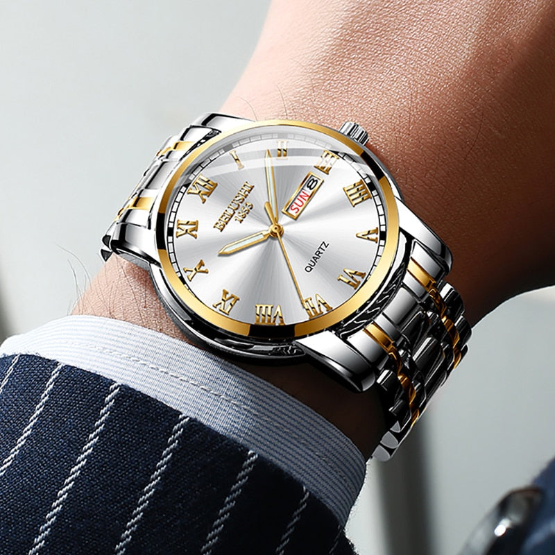 BELUSHI Top Brand Watch Men Stainless Steel Business Date Clock Waterproof Luminous Watches Mens Luxury Sport Quartz Wrist Watch